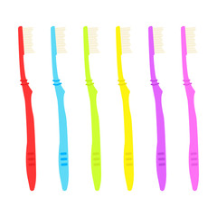 A set of toothbrushes. Realistic illustration of a vector toothbrush for a website. Set of multicolored toothbrushes. Vector illustration. EPS 10.
