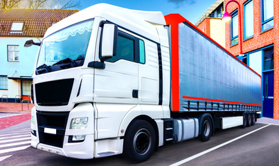 Loading Lorry Trailer . Truck on the road . Commercial transport .  truck transport container