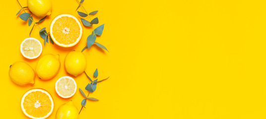 Citrons juteux mûrs, brindilles d& 39 eucalyptus orange et vert sur fond jaune vif. Fruit de citron, concept minimal d& 39 agrumes, vitamine C. Fond minimaliste d& 39 été créatif. Mise à plat, espace de copie vue de dessus