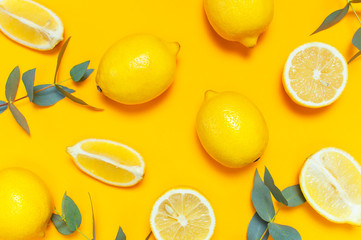 Ripe juicy lemons and green eucalyptus twigs on bright yellow background. Lemon fruit, citrus minimal concept. Creative summer food minimalistic background. Flat lay, top view, pattern