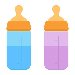 Two baby bottles for boy and girl in blue and purple. Vector illustration. EPS 10.