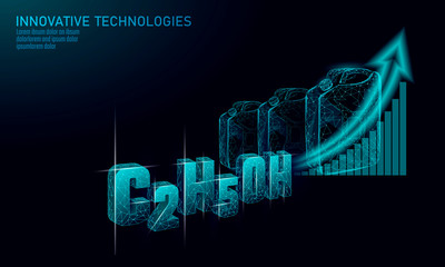 Ethanol formula biofuel industry growing trend. Ecology science C2H5OH eco concept graph. Renewable biorefinery organic gas 3D render polygonal innovation technology vector illustration