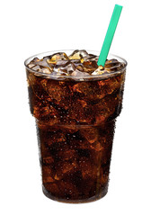 Cola in glass with straw and ice cubes isolated on white background