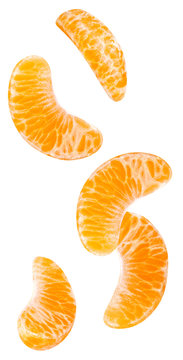 Isolated falling orange segments. Five peeled pieces of orange or tangerine fruit in the air isolated on white background with clipping path