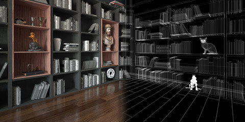 Stanza con grande libreria piena di libri e oggetti, con gatto, rendering 3d, illustrazione 3d