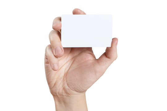 Hand with white card, isolated on white background