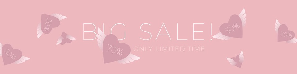 Valentine's Day Banner with Decor light Pink Hearts and Angel. Romantic promotion card and flyer. Vector.