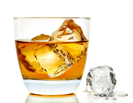 Whiskey With Ice Cubes In Rocks Glass Isolate On White Background