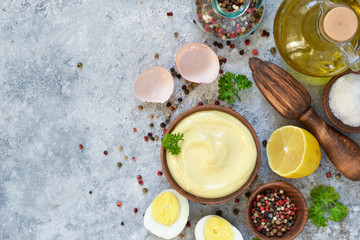 Mayonnaise is a classic homemade salad dressing. Top view.