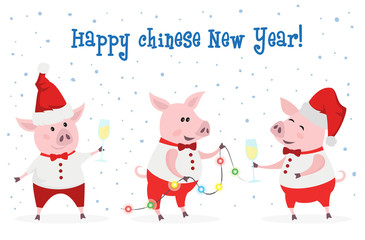 Cute pigs with champagne and garland.
