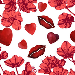 Hand drawn ink illustration jasmine flowers. Watercolor red heart and lips background wedding romance