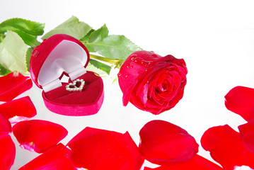 Valentine's gift. Rose, petals and jewelry box