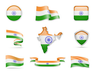 India flags collection. Flags and outline of the country. Vector illustration