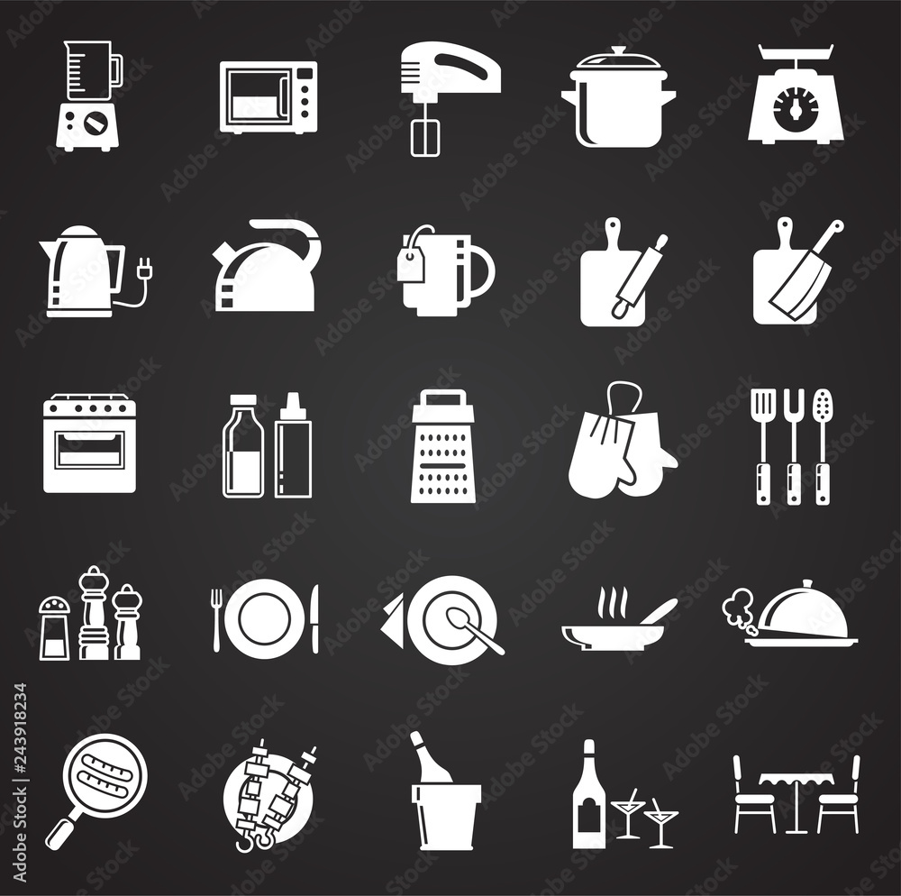Poster kitchen icons set on black background for graphic and web design, modern simple vector sign. interne
