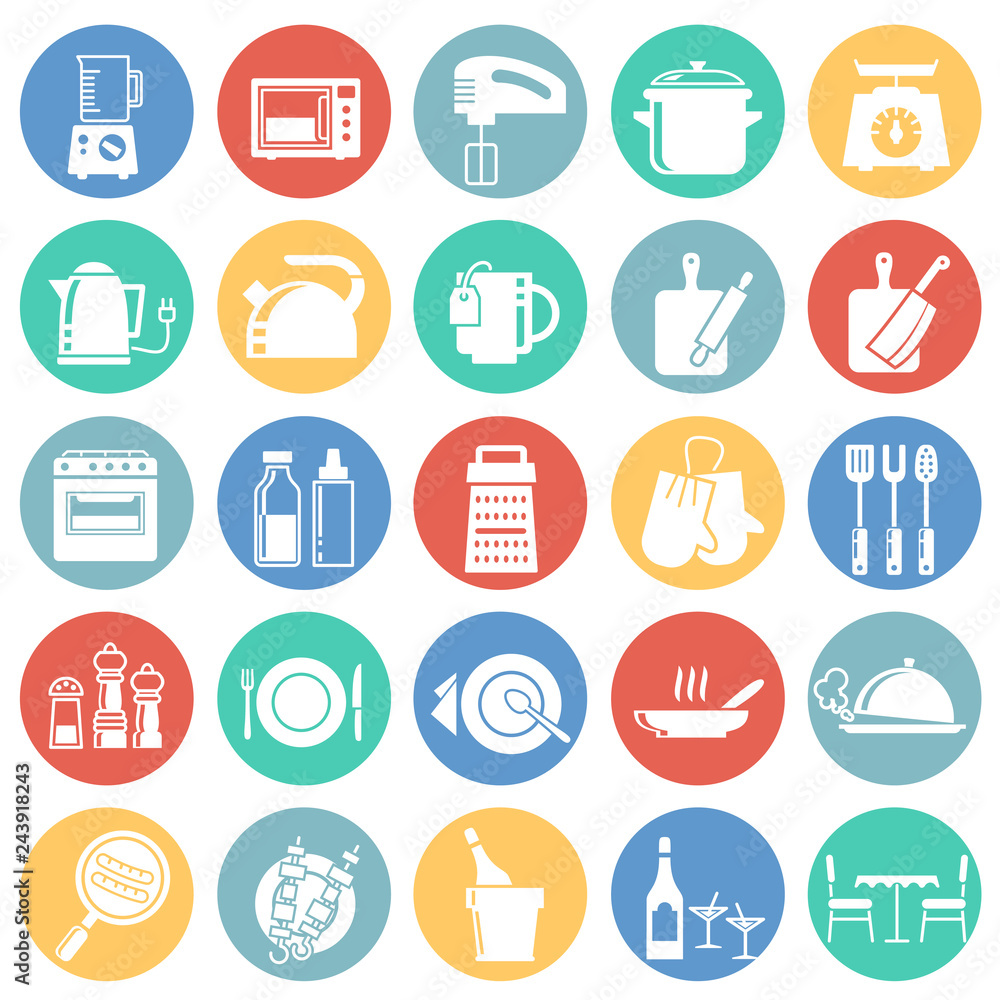Poster kitchen icons set on color circles white background for graphic and web design, modern simple vector