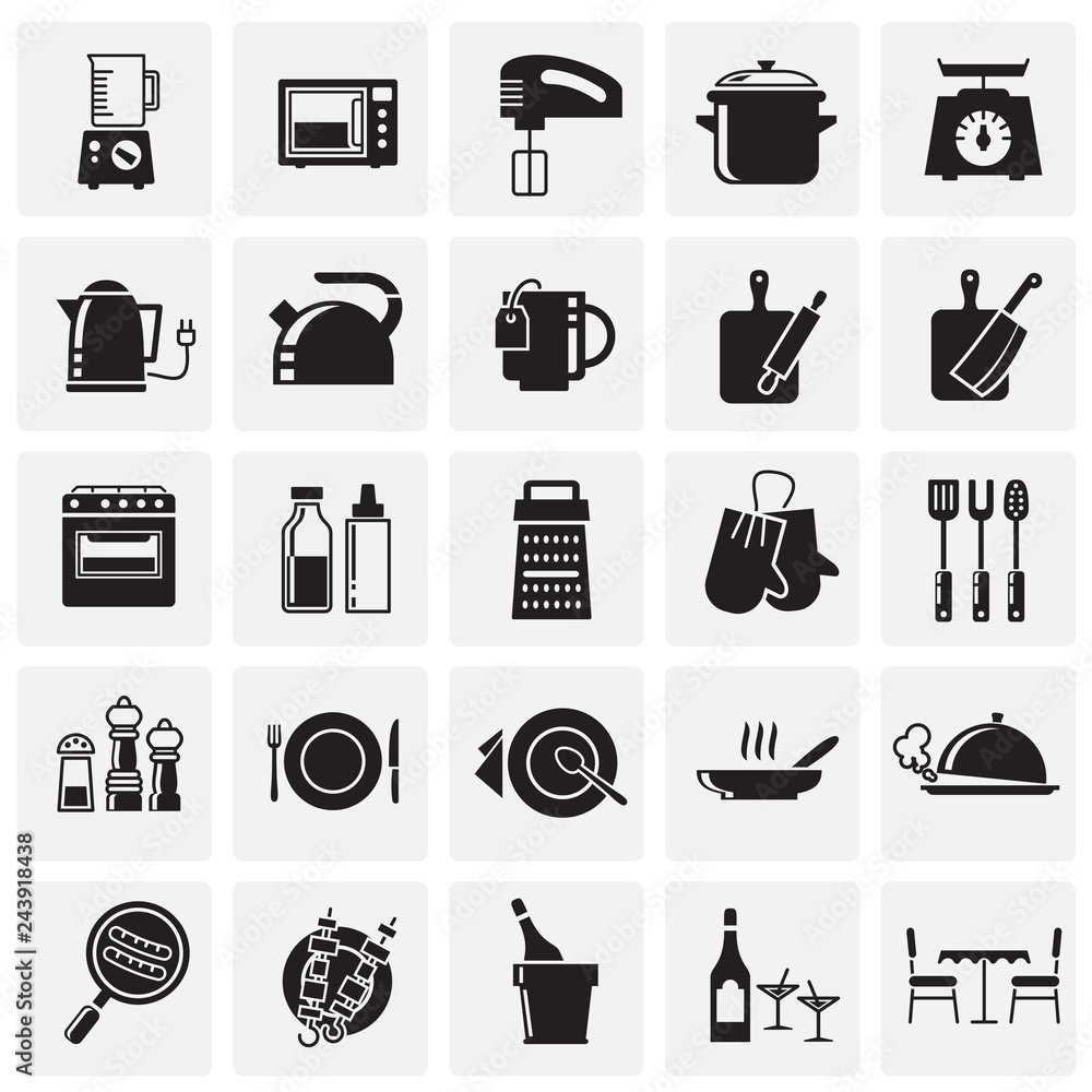 Poster kitchen icons set on squares background for graphic and web design, modern simple vector sign. inter