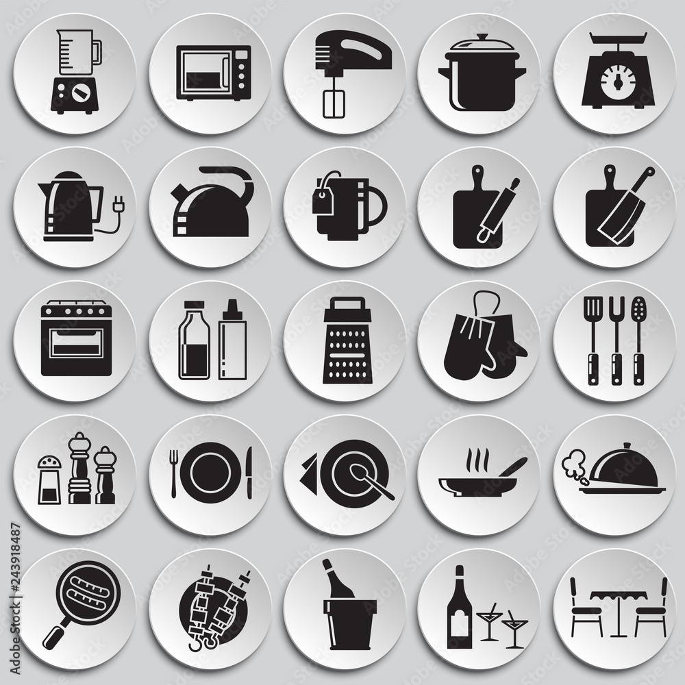 Poster kitchen icons set on plates background for graphic and web design, modern simple vector sign. intern