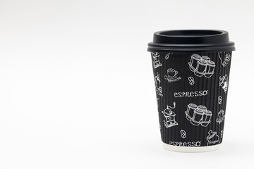 Paper Corrugated Coffee Cup with Black Lid on white background. Takeaway drink container. Template of drink cup for your design. Can put text, image, and logo