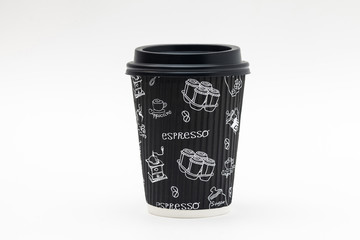 Paper Corrugated Coffee Cup with Black Lid on white background. Takeaway drink container. Template of drink cup for your design. Can put text, image, and logo