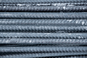 Brand new armature. Laid reinforcement. Rebar preparation work. Close-up. The organization of storage of materials on a building site.