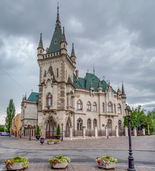 Fototapeta na wymiar Jakab Palace - Historic Monument in Kosice, Slovakia. Very beautiful, ancient, ancient building in the style of the guitar. The building is like a fairy tale on this panorama with cloudy sky and thund