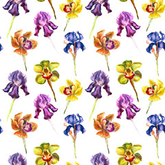 Watercolor hand drawn seamless pattern of colorful beutifull iris and orchid on white background. Cute artwork for creative design for textile, ornament, wallpaper, wrapping, cover,cards, dress