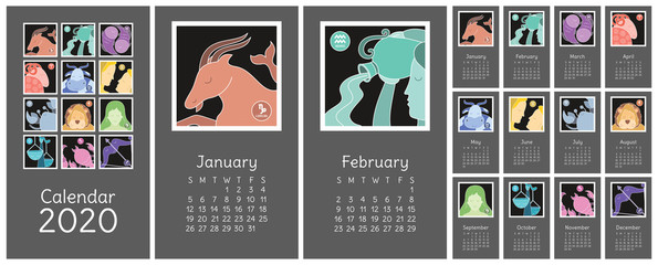 Calendar 2020. Zodiac signs: aquarius, libra, leo, taurus, cancer, pisces, virgo, capricorn, sagittarius, aries, gemini, scorpio. Astrological calender. Color vector horoscope. Colorful design