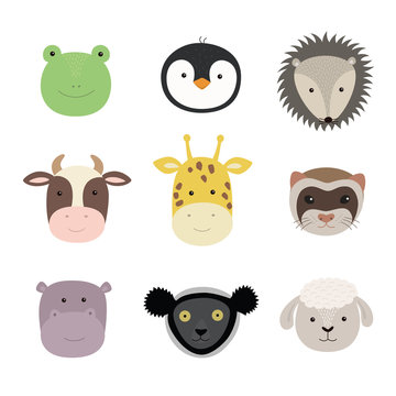 Set of cute funny animals frog, sheep, cow, giraffe, weasel, hippo, hedgehog, penguin, indri. Isolated objects on white . Vector illustration.