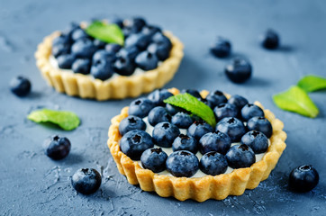 Blueberry tartlets with fresh berries and mint leaves