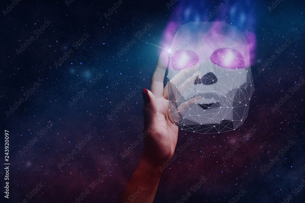 Aufkleber woman hand and mask of hacker low poly. mixed media.