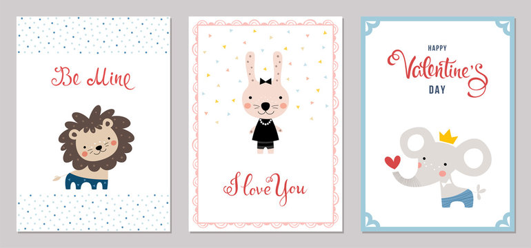 Valentine's Day greeting cards with typographic design and kids illustrations.