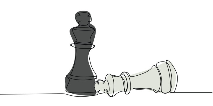 Image of Chess pieces for a board design - Black bishop versus white one line drawing vector illustr