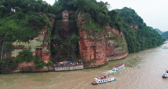 Aerial view of Leshan Giant buddha by the river the UNESCO World Heritage Site at Sichuan China.