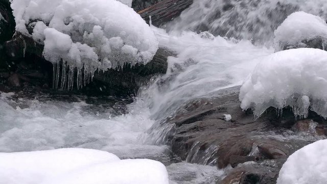 mountain river rapids in winter, The frozen water on a rock in the midst of rapid mountain river, boiling water, mountain river rapids, mountain river close up