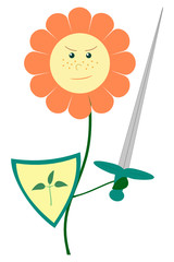 Vector illustration of cartoon flower holding sword and shield. Plant protection concept.