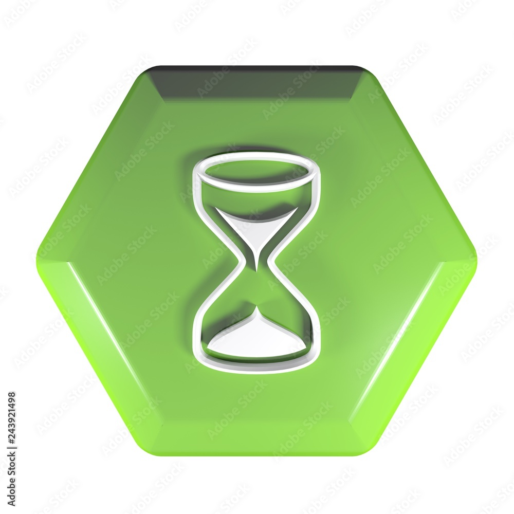 Poster green hexagonal push button with the icon of a hourglass - 3d rendering illustration