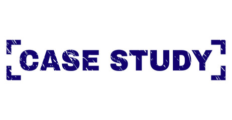 CASE STUDY caption seal print with distress texture. Text tag is placed between corners. Blue vector rubber print of CASE STUDY with dirty texture.