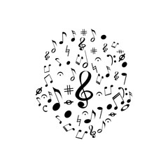 Design of the head with black music notes