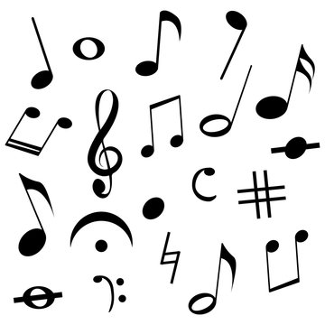 Design of a set of different types of musical notes on a white background