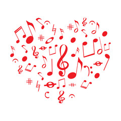 Design of the heart with red music notes