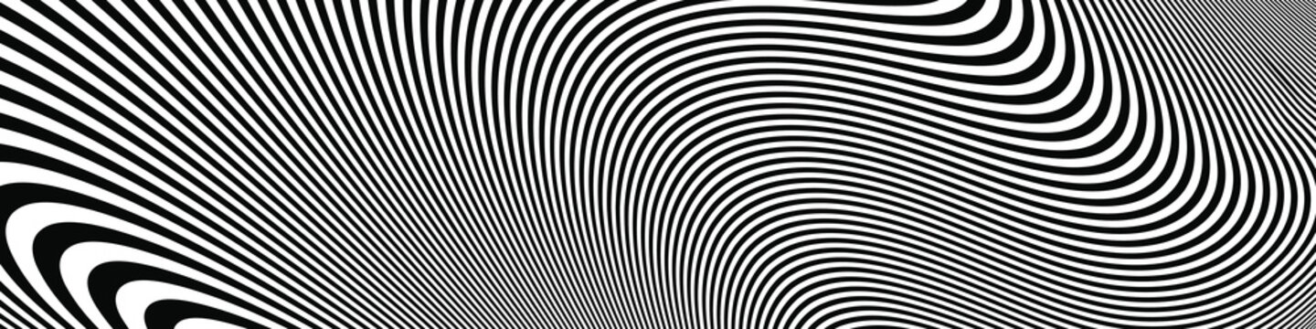 Abstract Black and White Geometric Pattern with Waves. Striped Psychedelic Texture.