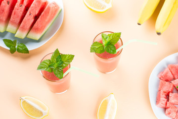 Watermelon smoothie with banana and lemon. Summer healthy refreshment drink