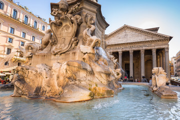 Fototapeta na wymiar Fountain at the Pantheon temple in Rome, Italy