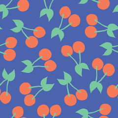 Cherries pattern. Vector seamless background with illustrated cherry fruits isolated on blue. Food illustration. For card, menu cover, web pages, page fill, packaging, farmers market, summer fabric