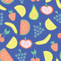 Seamless fruit pattern with bananas apples pear grapes lemons cherries strawberries watermelon on blue background. Juicy summer fruit cute vector design. Food illustration flat simple Scandinavian art