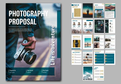 Photography Proposal Layout with Blue and Gold Accents