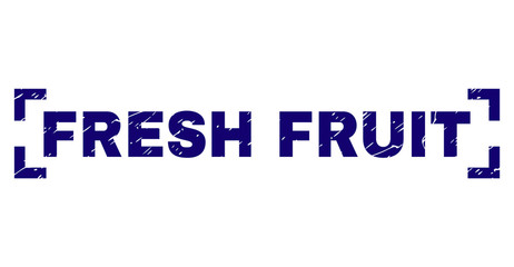FRESH FRUIT tag seal stamp with corroded texture. Text label is placed between corners. Blue vector rubber print of FRESH FRUIT with corroded texture.