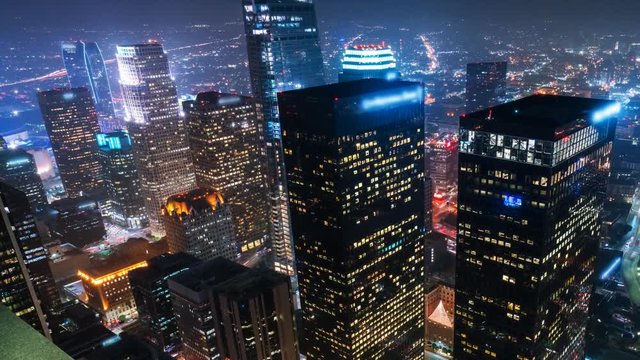 Timelapse Overview of Downtown LA City Lights Wide Angle -Pan Right-