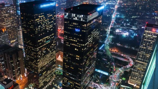 Timelapse Overview of Downtown LA City Lights Wide Angle -Pan Left-