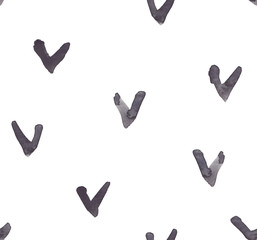 Seamless pattern with small black check marks painted in watercolor on white isolated background